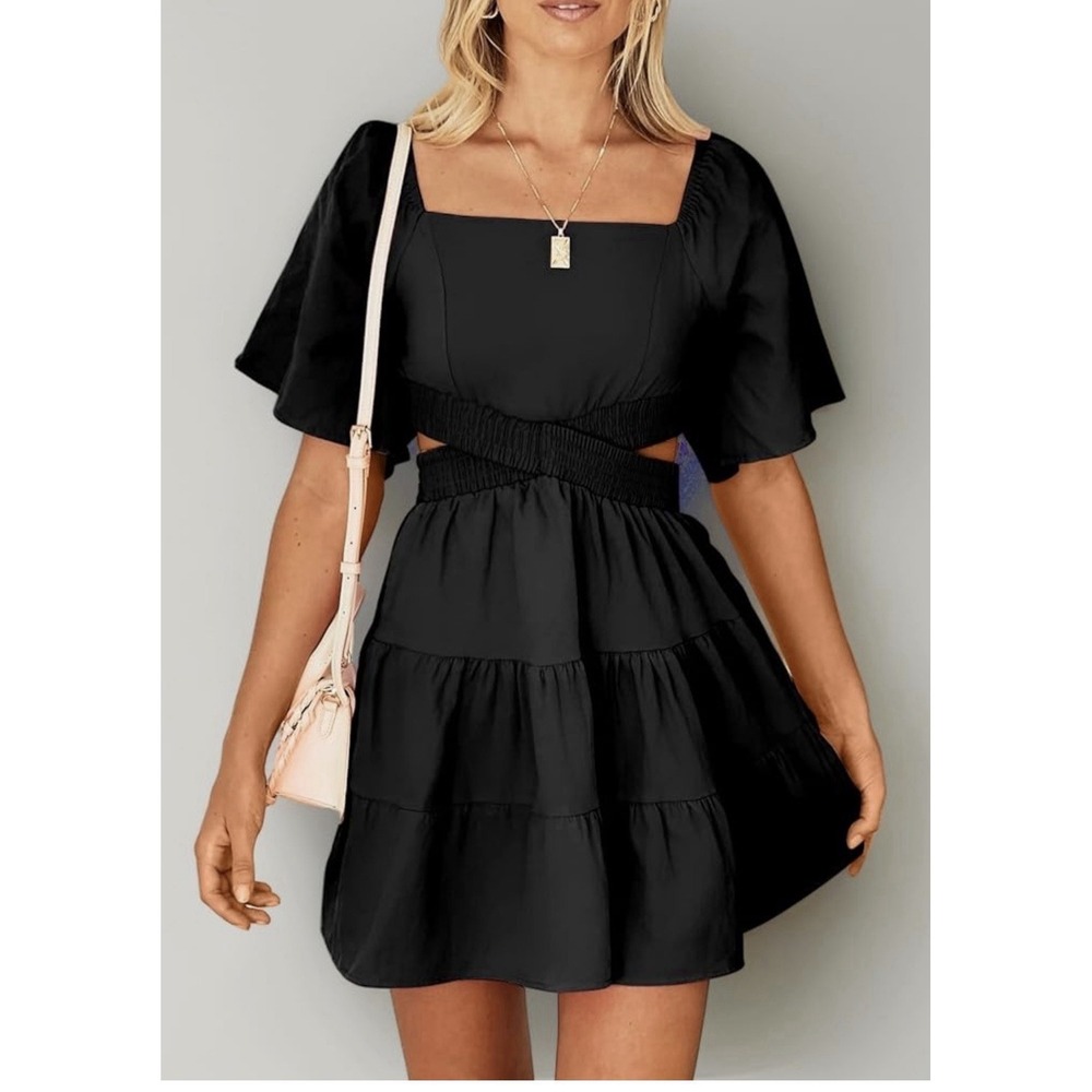 Shy Velvet Black Flutter Sleeve Cutout Mini Dress Women's Small Boho Tiered